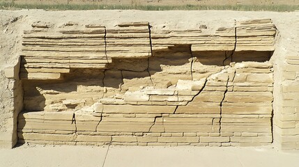 Fragmented historical wall exhibiting weathering and stratification layers