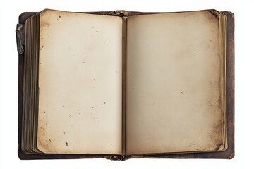 Open antique leather-bound journal with blank pages