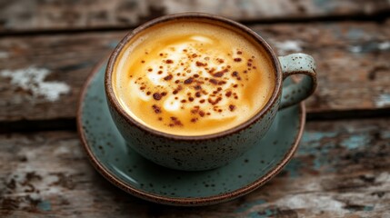 Cozy coffee cup with frothy latte on rustic wooden table, warm ambiance