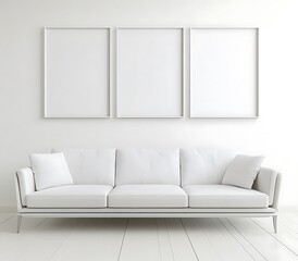 Modern White Sofa in Minimalist Living Room with Blank Frames