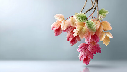 Pastel-colored leaves on a branch against a light grey background