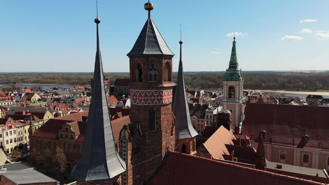 Aerial view of historical tourist center of medieval city Torun, churches, cathedrals and Vistula river, Poland, Europe