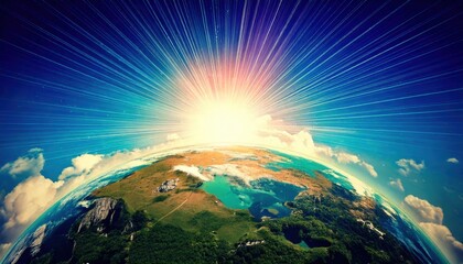 Dramatic sunrise from space reveals lush landscapes, clouds, and oceans on Earth with vivid light beams stretching across the sky.