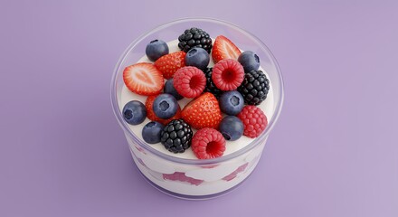 Berry Dessert Cup with Strawberries, Blueberries, and Raspberries on Purple Background