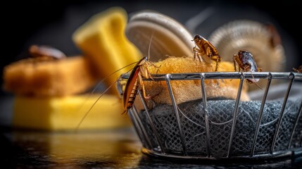 Close-up of Cockroaches on Dirty Sponge in Kitchen Sink Environment