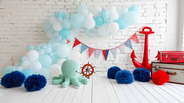 White brick background, light-blue balloons, red anchor, nautical decorations,  crochet octopus, pom-poms, suitcases,  creating a playful, nautical themed photoshoot scene