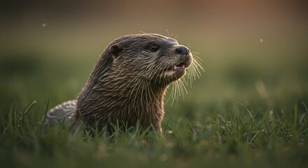 Otter Emerging From Grass at Sunset