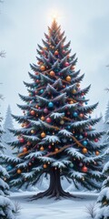 Fototapeta premium A beautifully decorated Christmas tree stands tall, adorned with vibrant, colorful ornaments that shimmer in the light. Soft, white snow blankets the ground, creating a festive winter wonderland.