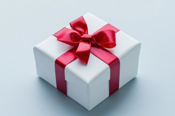 Obraz premium White gift box with red ribbon isolated on a clean background, perfect for showcasing Christmas present collections or holiday sales.