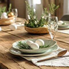 Beautifully arranged table with decorative eggs and fresh greenery for a festive meal in a cozy indoor setting