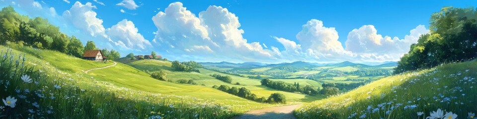 Fototapeta premium Serene countryside landscape with rolling hills and vibrant sky