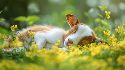 Cute brown and white baby goat, sleeping in a summer meadow with wild flowers, nature photography. Beautiful mockup or background for springtime, cute adorable goat.