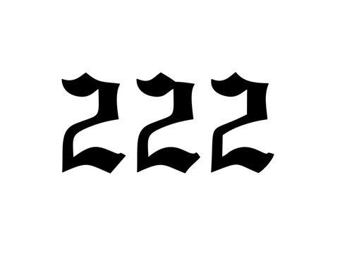 Vector isolated 222 angel number gothic font stencil shape contour colorless black and white outline silhouette shadow shape stencil solid black