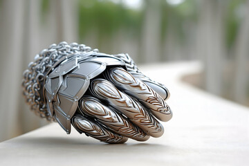 Ornate silver metal gauntlet rests on light wood surface