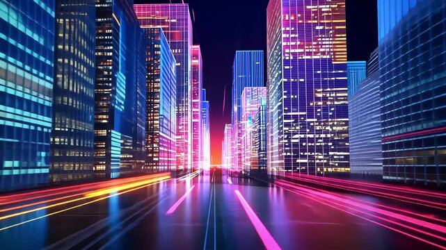 Futuristic pov view on a neon cityscape with glowing skyscrapers and vibrant light trails.