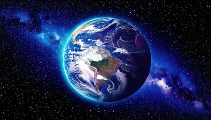 Fototapeta premium Beautiful space view of Earth highlighting South America with swirling clouds and a glowing blue atmosphere against a starry background.