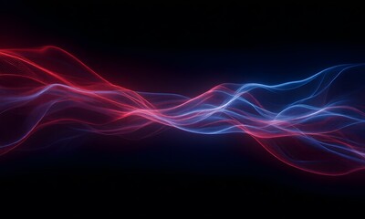 A black background with flowing red and blue lines.