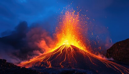 Fiery volcanic eruption at night, lava flows down slopes, sparks fly high in the dark sky