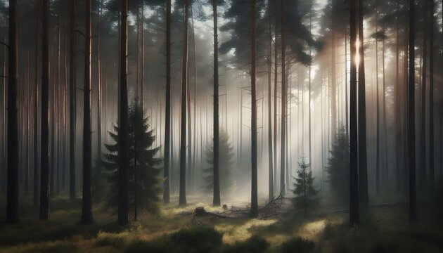 Misty forest with tall pine trees, soft fog rolling through in the early morning light beams