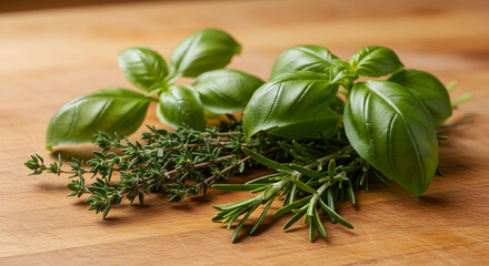 Fresh Culinary Herbs On Wooden Surface With Beautiful Green Leaves