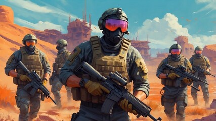 Illustration of special forces in military mission, cartoon style