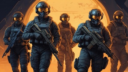 Illustration of special forces in military mission, cartoon style