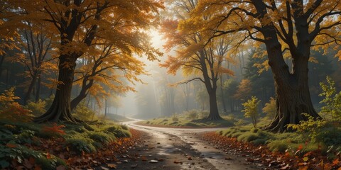 Fototapeta premium A winding dirt road meanders through a vibrant autumn forest, where trees display a stunning array of red, orange, and yellow leaves, creating a picturesque and serene atmosphere.