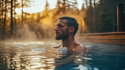 A serene moment of a man unwinding in a steaming icy outdoor hot tub amidst a picturesque forest setting during sunset, evoking relaxation and peace.