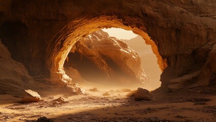 Desert cave entrance, sunlit passage