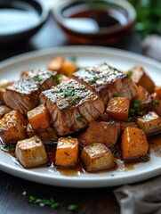 Elegant white plate of seared tuna with roasted vegetables on a dark wooden table, bathed in warm light to emphasize the dish's rich colors