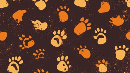 A repeating pattern of paw prints in orange and beige against a dark brown background.