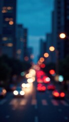 Urban landscape at dusk with abstract circular bokeh and city lights on a deep blue background, city blurring lights, nighttime city