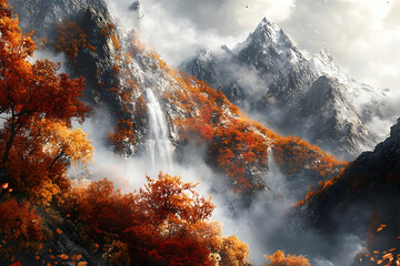 Autumnal mountain landscape with cascading waterfall.