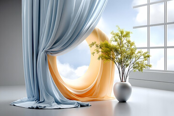 Serene room scene with flowing drapes, potted plant, and window view