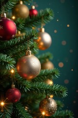 Fototapeta premium Decorated Christmas tree branches with ornaments and balls, Twinkling lights, Ornaments