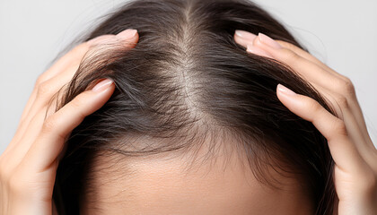 Naklejka premium Hair loss. Female hands with shreds of hair close-up