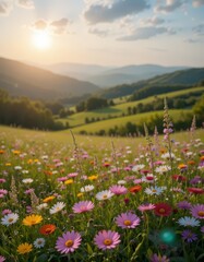 Fototapeta premium A vibrant field of wildflowers in full bloom stretches across the landscape, bathed in the warm, golden hues of a breathtaking sunset that paints the sky in shades of orange and pink.
