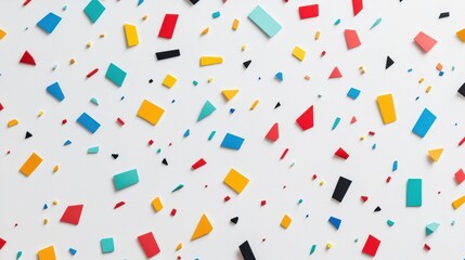 A vibrant mosaic of multicolored squares and rectangles scattered across a white background.