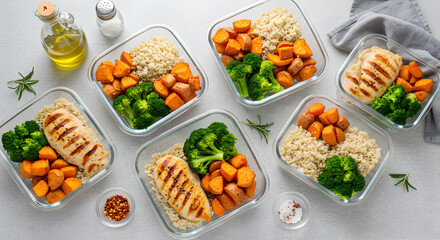 Healthy Meal Prep Containers With Grilled Chicken, Sweet Potato And Broccoli