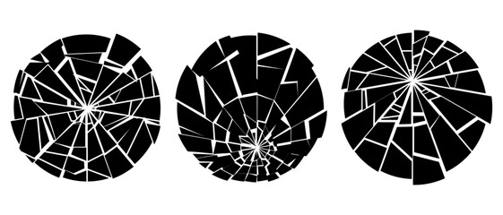 Broken glass radial cracks shards silhouette set, Geometric circles decay grunge texture, Vector illustration.