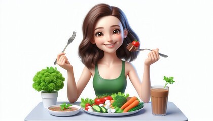 Healthy eating woman enjoying fresh vegetables home illustration bright cheerful nutrition