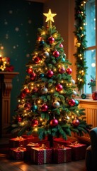 Christmas tree surrounded by colorful ornaments and garlands, with twinkling lights and a warm glow, living room, winter