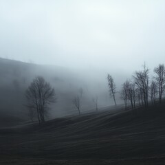 Naklejka premium Fog-covered hills with silhouettes of bare trees barely visible through the mist, evoking mystery and stillness