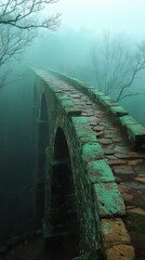 Foggy landscape of an ancient stone bridge, partially obscured by mist, adding a mystical ambiance