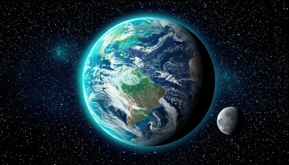Beautiful view of planet Earth with visible cloud formations and South America, accompanied by the Moon in a starry space scene.