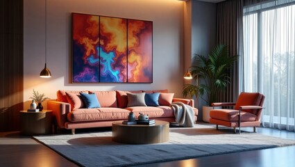 Urban space, minimalist living room with pink sofa