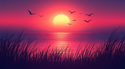 Fototapeta premium Serene Sunset Over Calm Waters with Silhouetted Birds and Grass