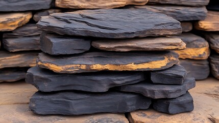 Irregularly stacked slate stone slabs form a rustic and textured pattern