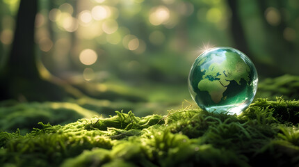Environmental concept - Crystal globe on green moss in forest to protect nature. Eco-friendly esg conservation care for the earth for sustainability keep the earth clean and ecology. Earth Day