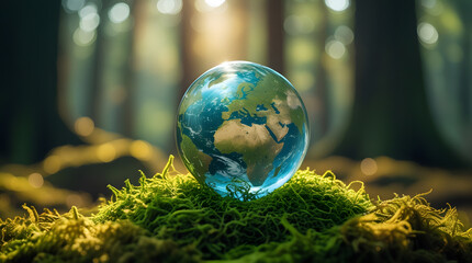 Environmental concept - Crystal globe on green moss in forest to protect nature. Eco-friendly esg conservation care for the earth for sustainability keep the earth clean and ecology. Earth Day